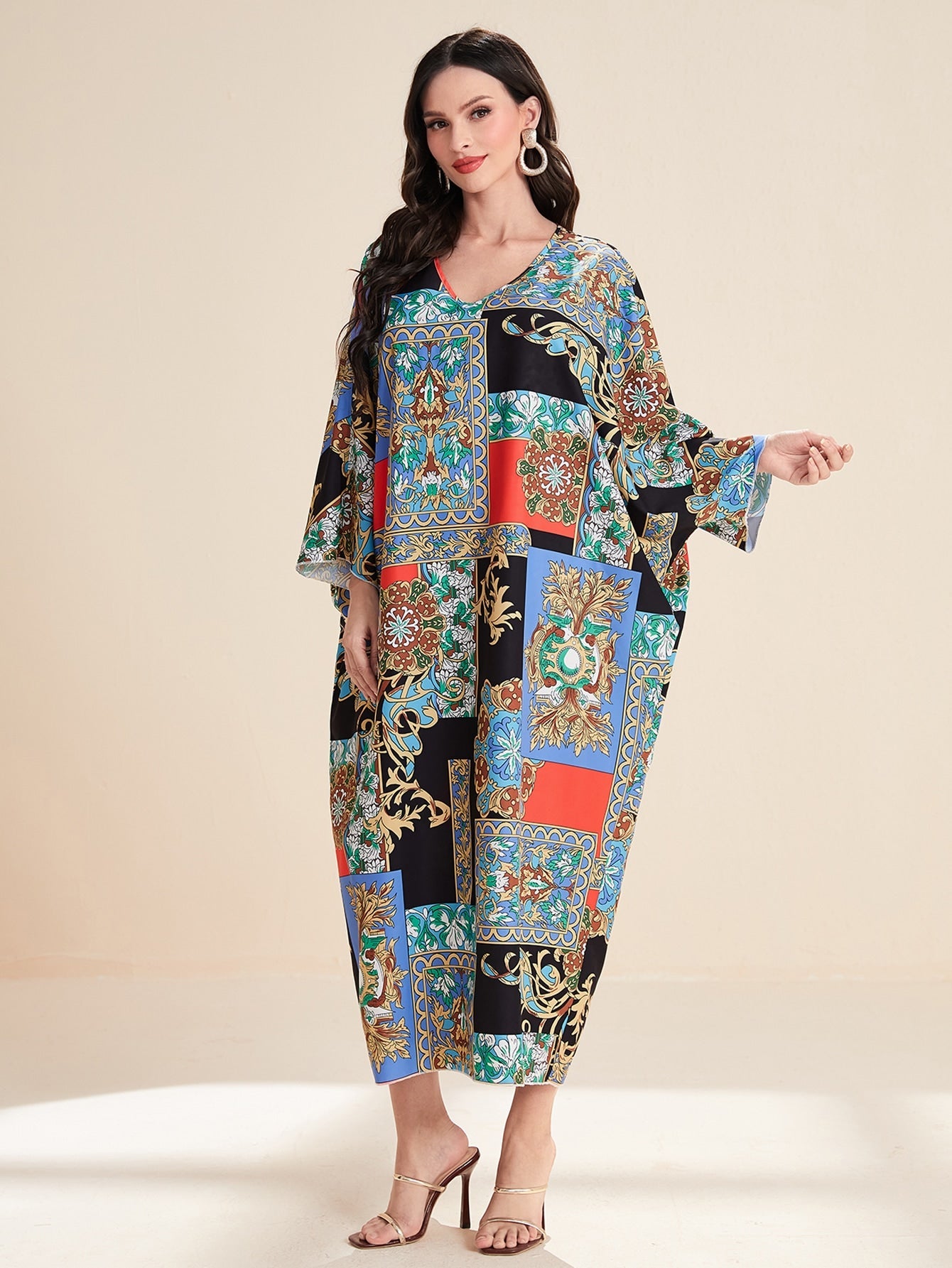 SHEIN Najma Patchwork Print Batwing Sleeve Kaftan