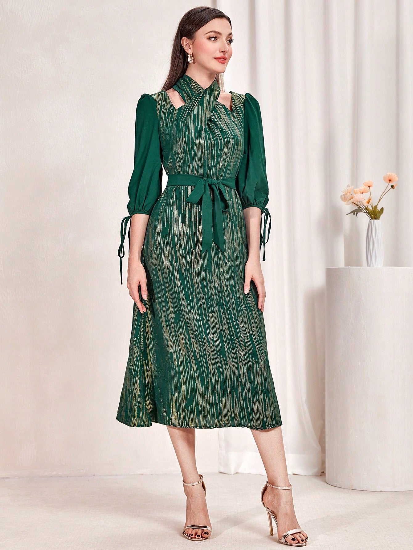 SHEIN Najma Cut Out Detail Knot Cuff Belted Dress
