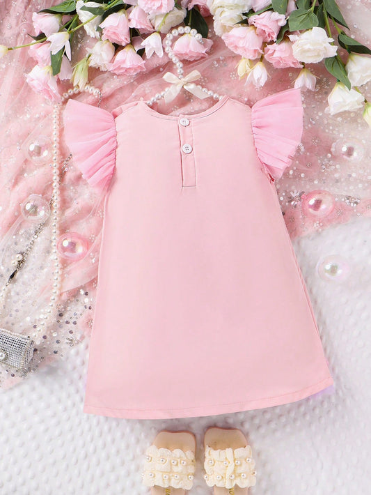 SHEIN Kids CHARMNG Young Girls' Romantic Light Court Style Fashionable Sleeveless Mesh Dress with Bowknot Detail for Spring and Autumn