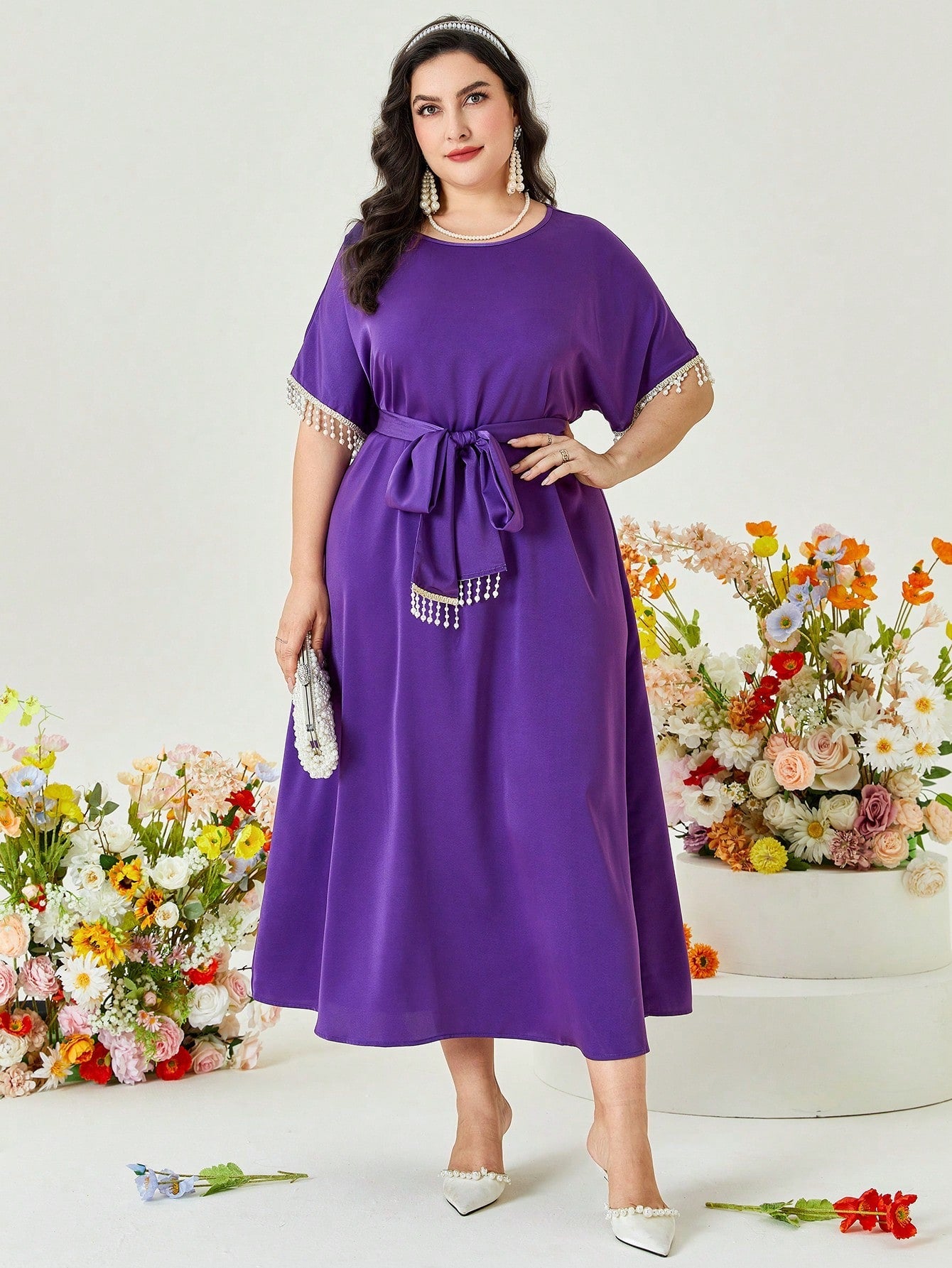 SHEIN Najma plus Contrast Fringe Trim Belted Dress