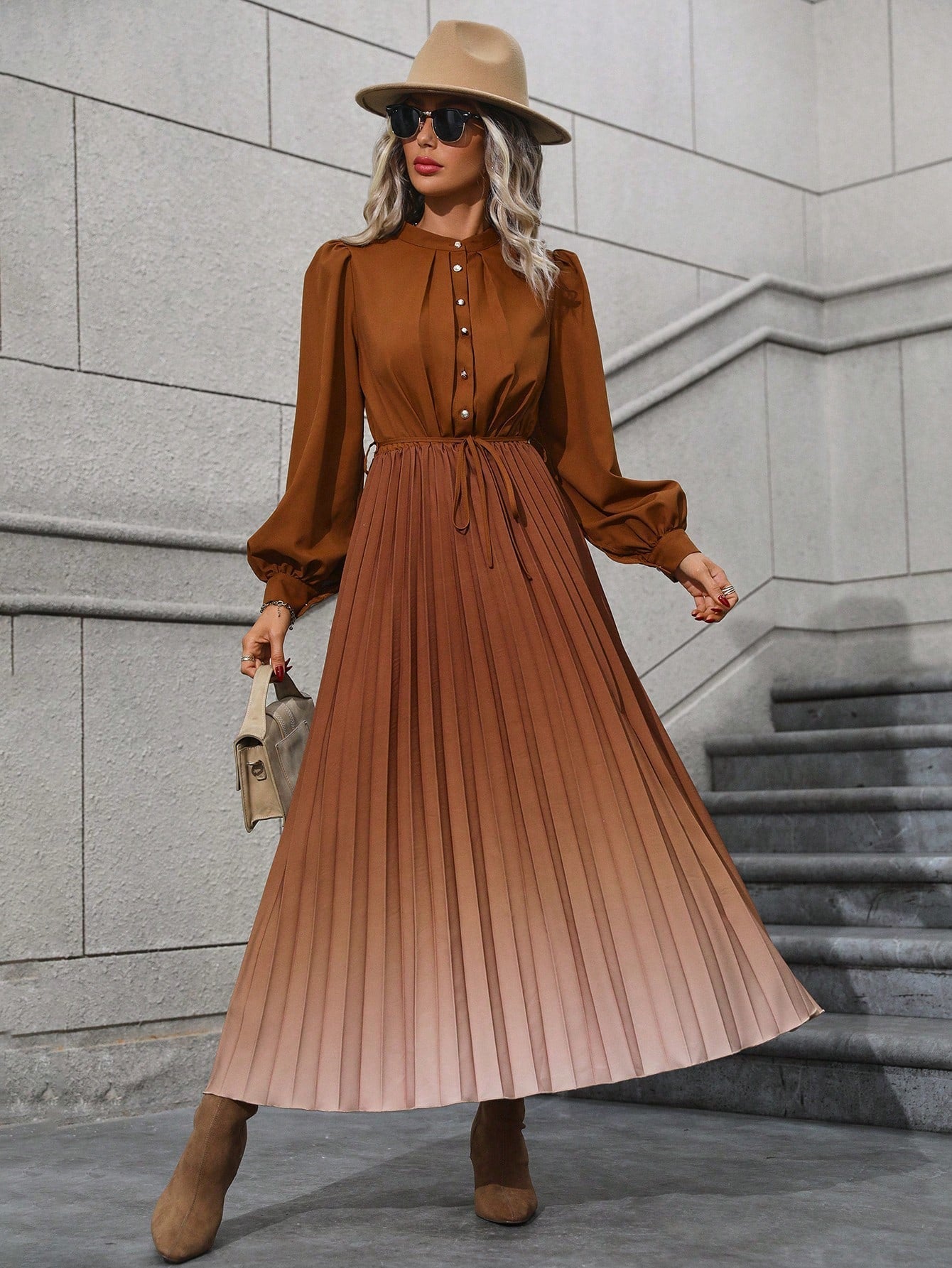 Ombre Pleated Hem Shirt Dress without Belt