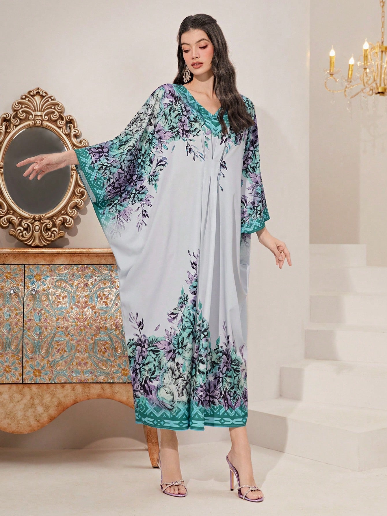 SHEIN Najma Floral Print Batwing Sleeve Kaftan