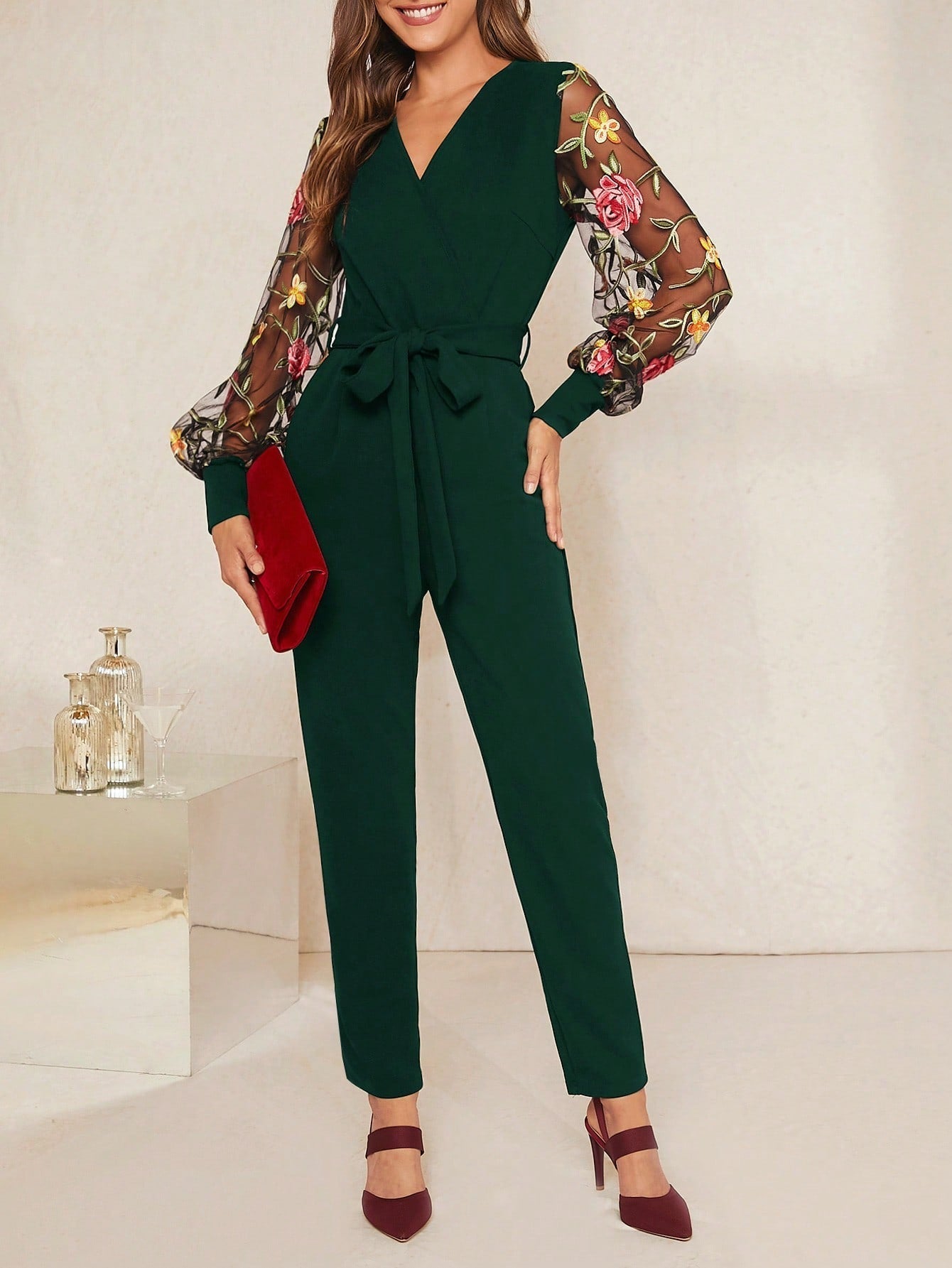 SHEIN Clasi Women'S Floral Embroidery Mesh Patchwork Jumpsuit with Belt