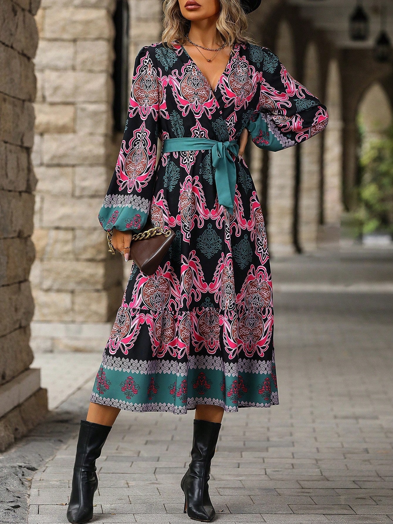 Allover Print Lantern Sleeve Belted Dress