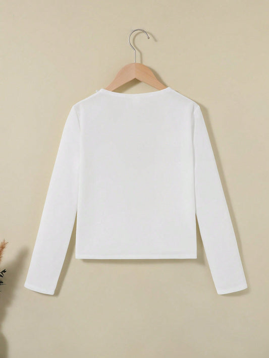 SHEIN Jacket for Tween Girls with Casual Style, round Neck, Long Sleeve with Beaded Detail