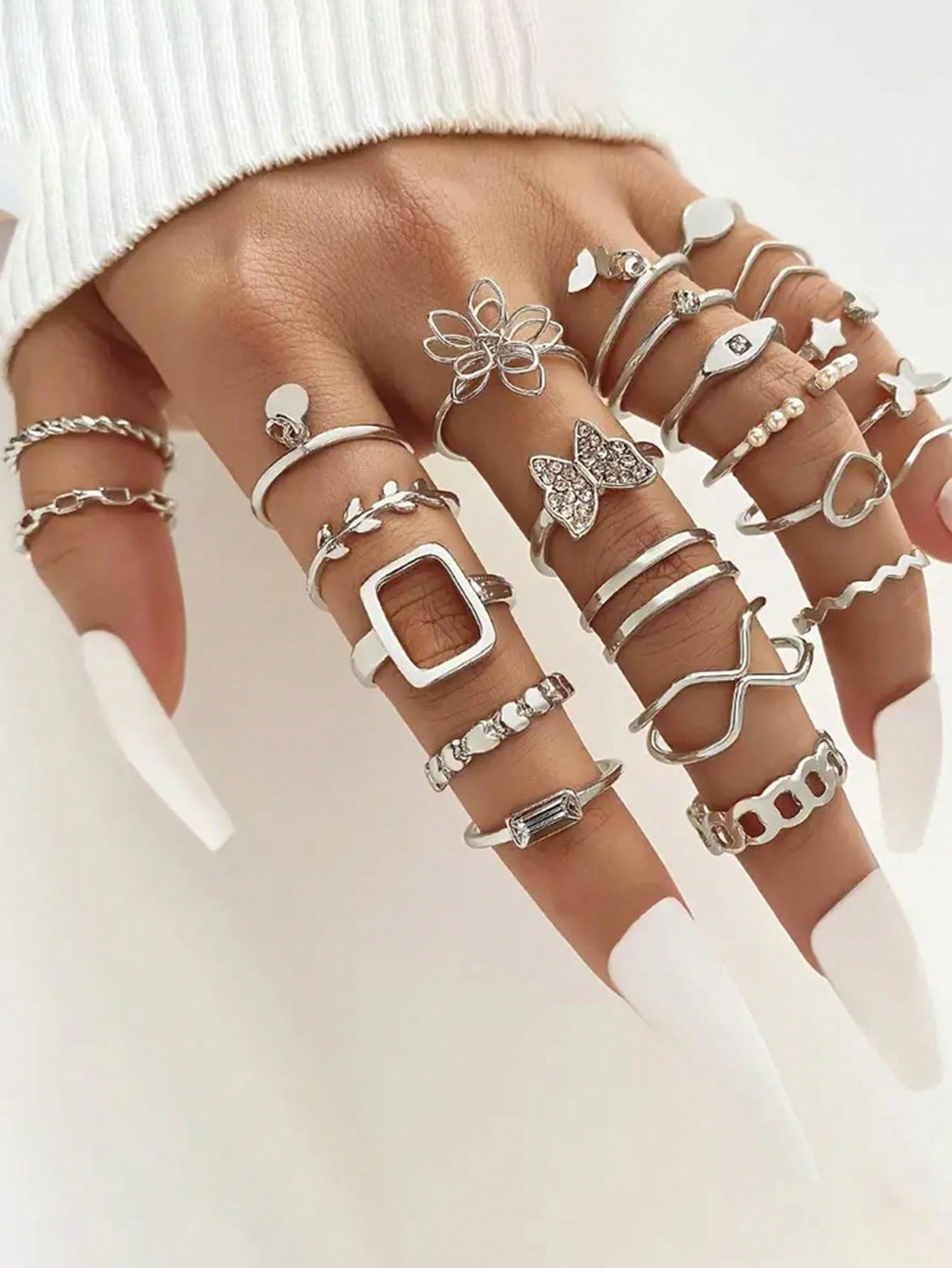 22-Piece Set of Love Butterfly Figure Eight Spiral Cross Imitation Pearl Ring Set for Ladies Date Holiday Gift