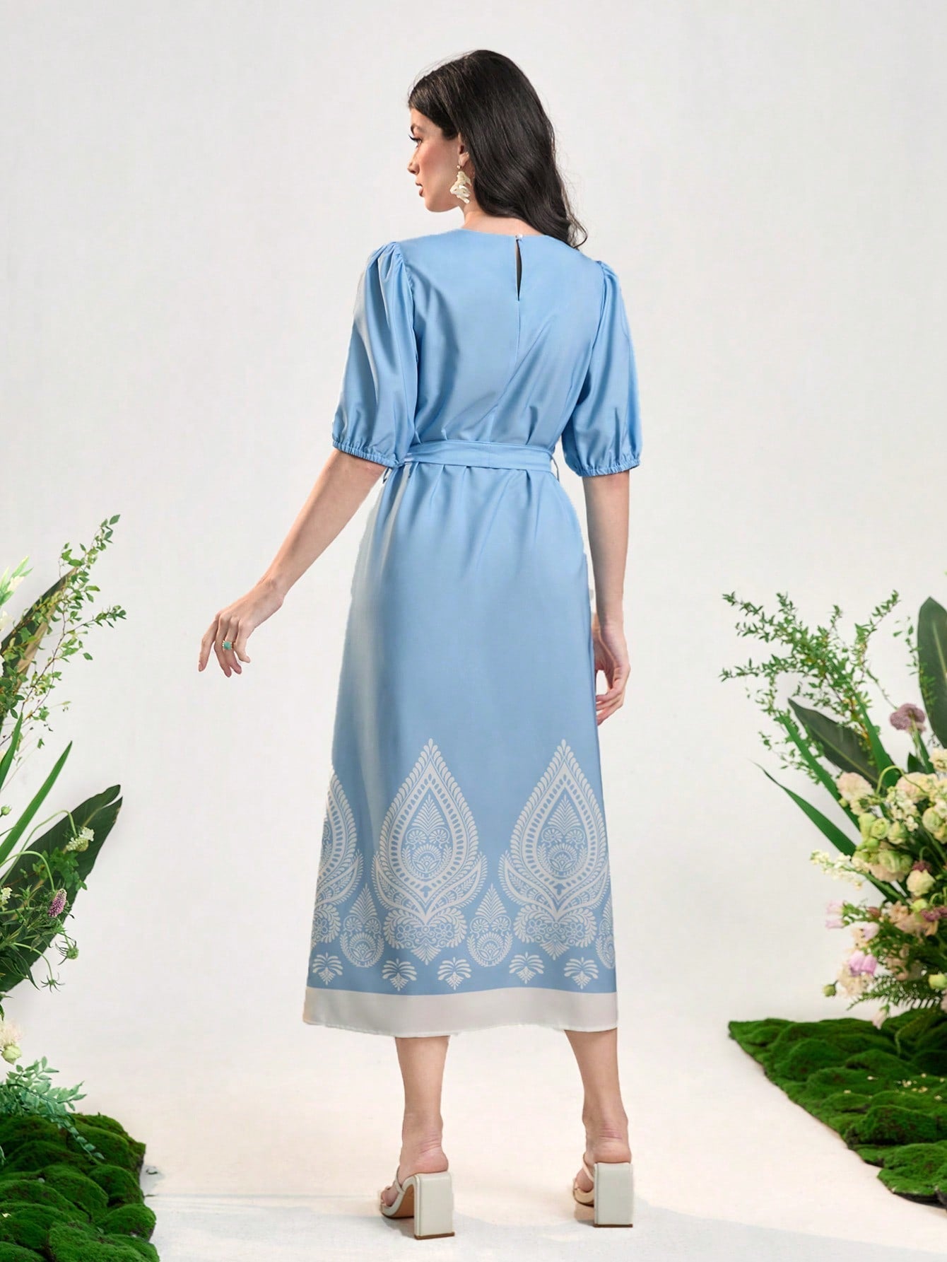 SHEIN Najma Graphic Print Puff Sleeve Belted Dress