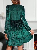 SHEIN Clasi Puff Sleeve Ruffle Hem Velvet Dress