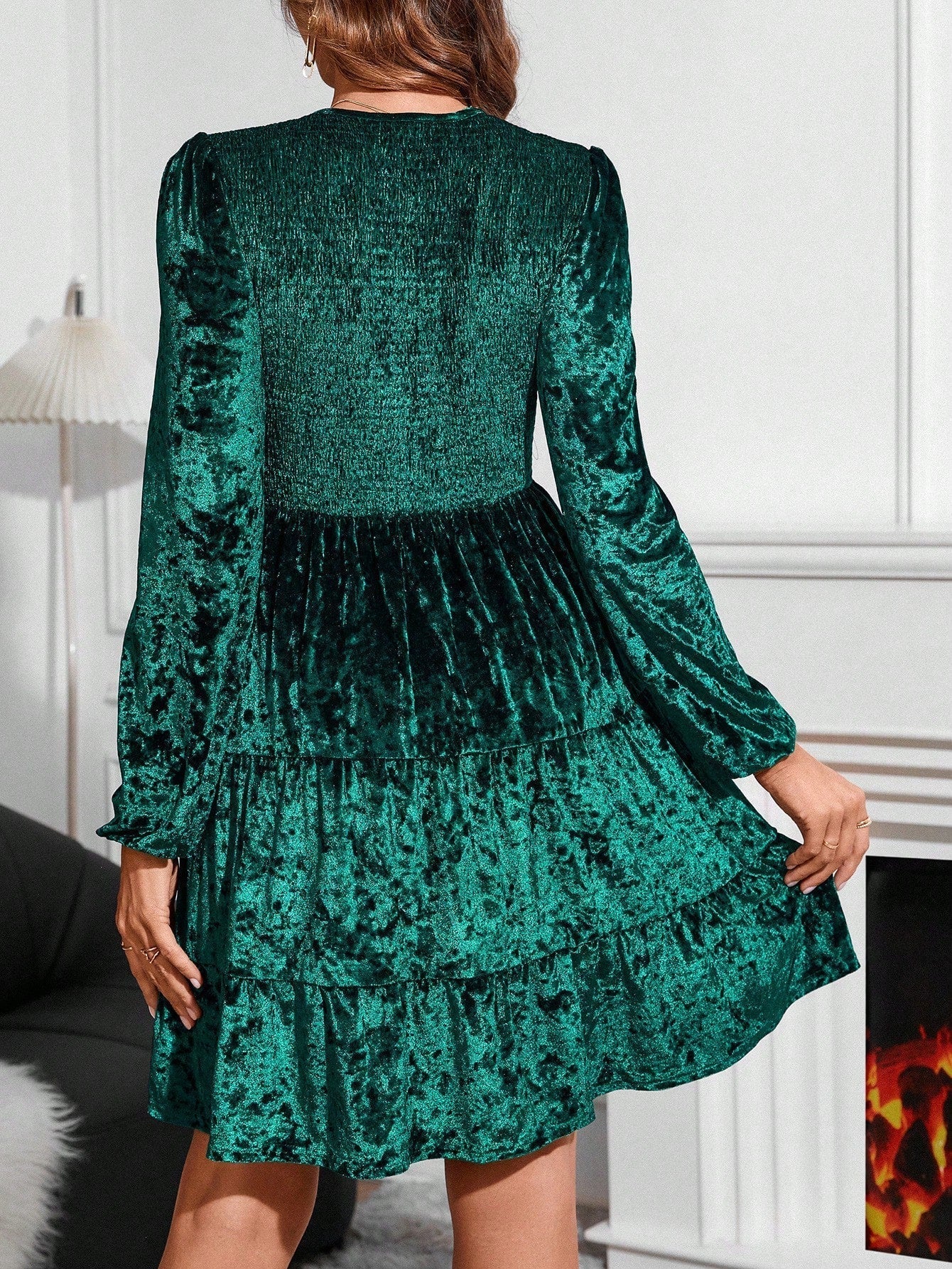 SHEIN Clasi Puff Sleeve Ruffle Hem Velvet Dress