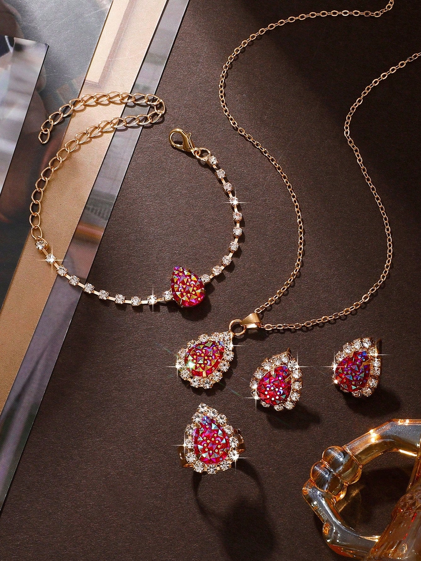 5Pcs Women'S Teardrop Rhinestone Jewelry Set