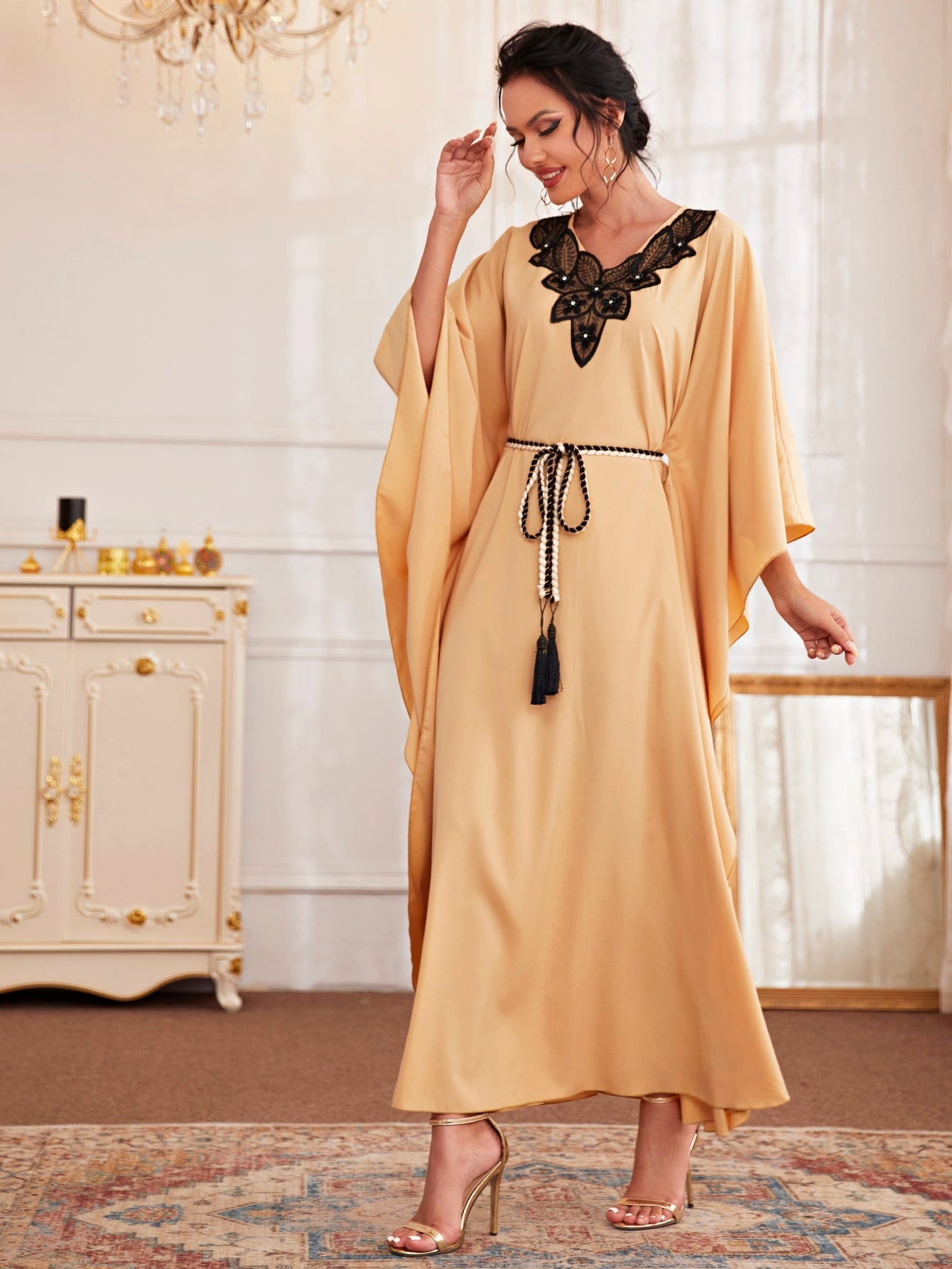 SHEIN Najma Contrast Lace Belted Kaftan Dress