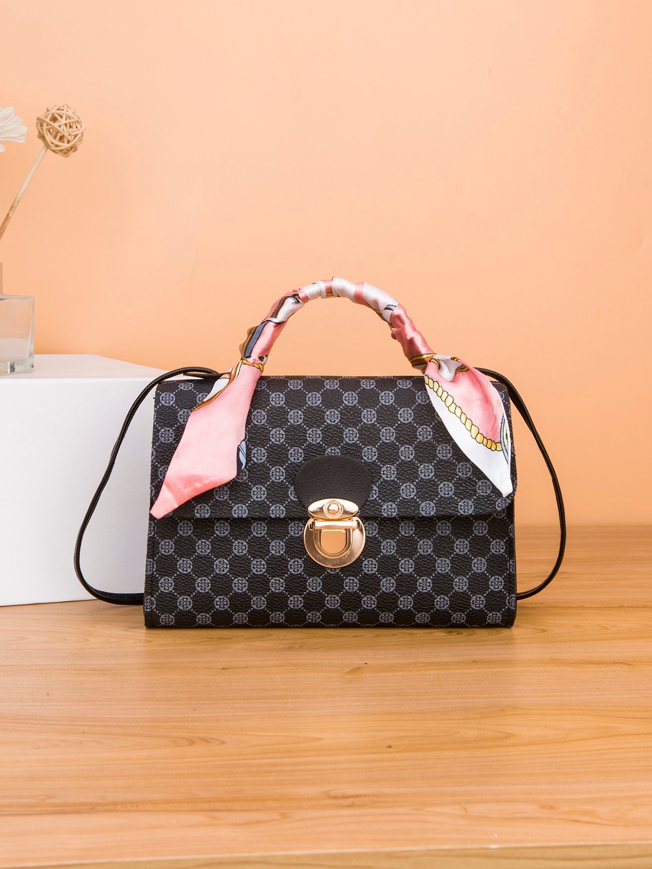Waterproof Trendy Mini Geometric Pattern Flip Pu Square Bag with Twilly Scarf