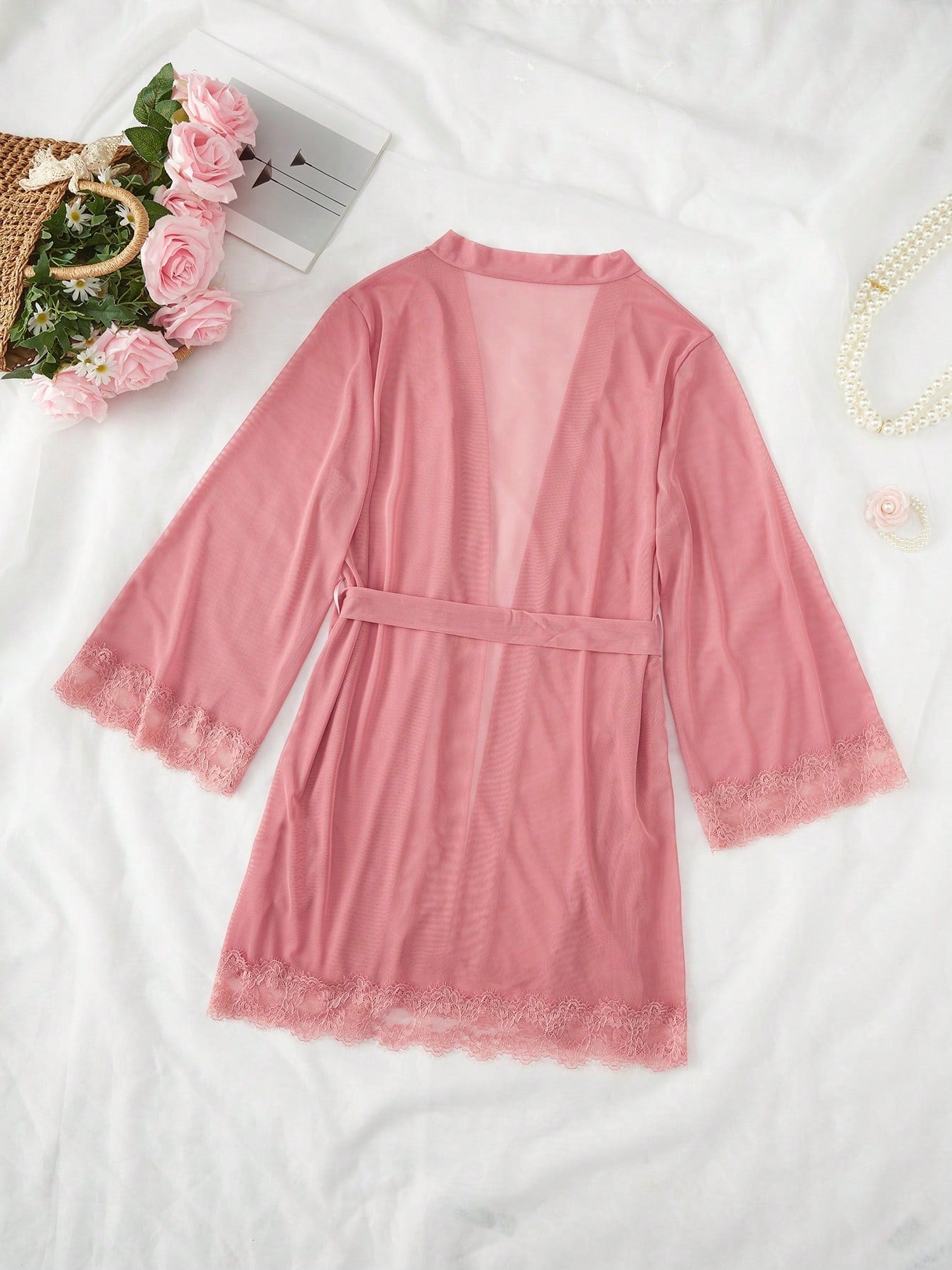 Contrast Lace Cami Top & Shorts & Robe PJ Set