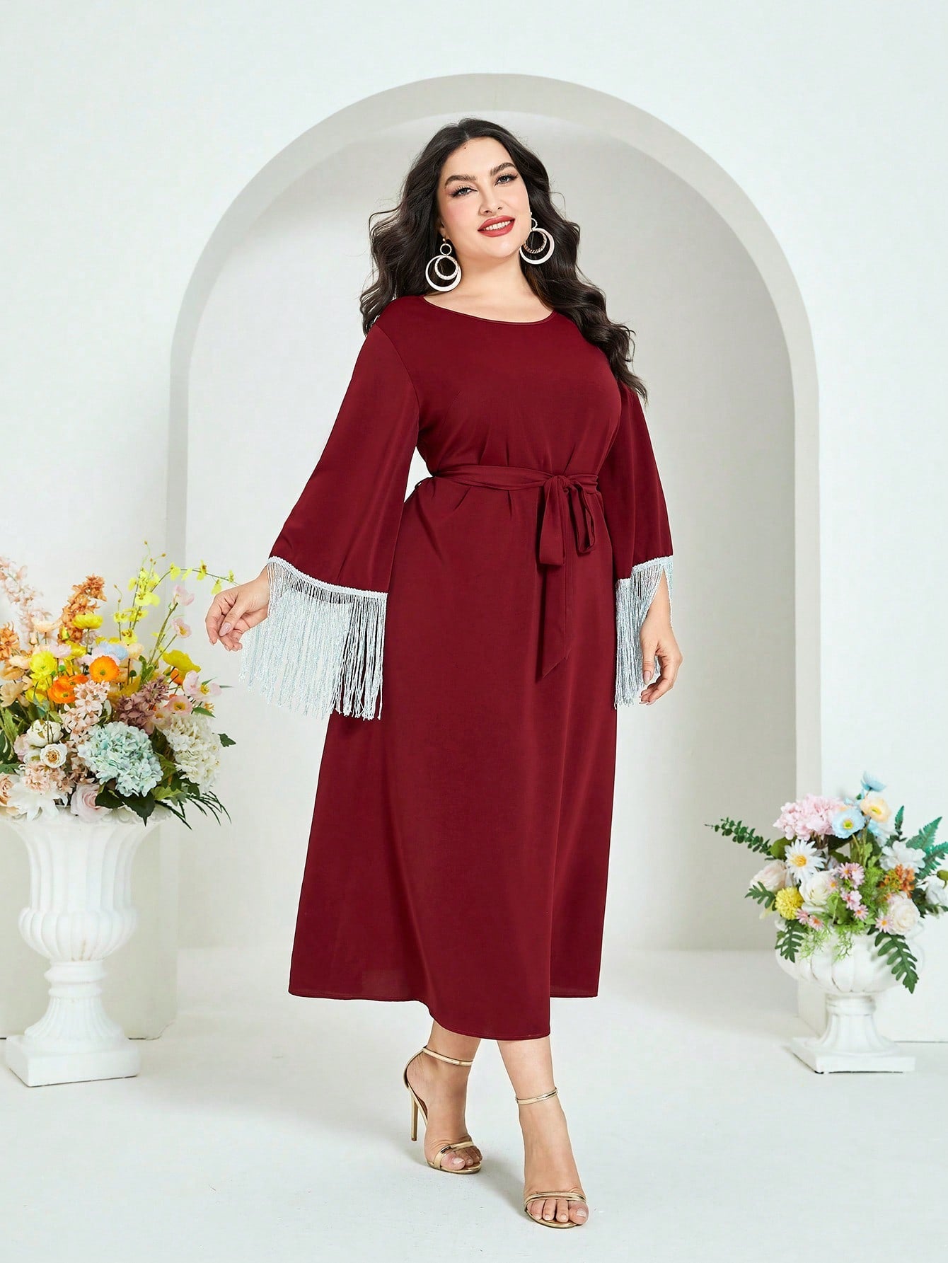 SHEIN Najma plus Fringe Trim Belted Dress