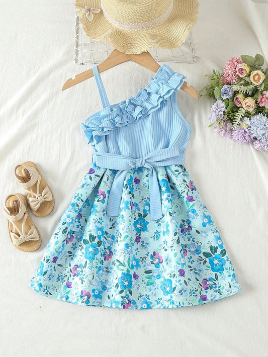 SHEIN Kids EVRYDAY Little Girls' Flower Print Irregular Neck Tie Waist Belted Dress with Ruffled Hem