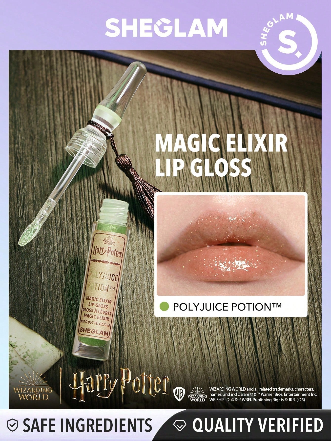 SHEGLAM Harry Potter™ Magic Elixir Lip Gloss-Polyjuice Potion™ High Shine Finish Lip Glaze Shine Glitter Moisturizing Lip Care Reduce Lip Fine Lines Smooth Liquid Lipstick Gift Green Lip Gloss
