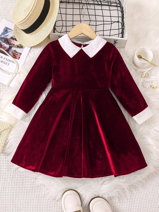 SHEIN Kids Qtfun Young Girl Colorblock Doll Collar Long Sleeve Dress