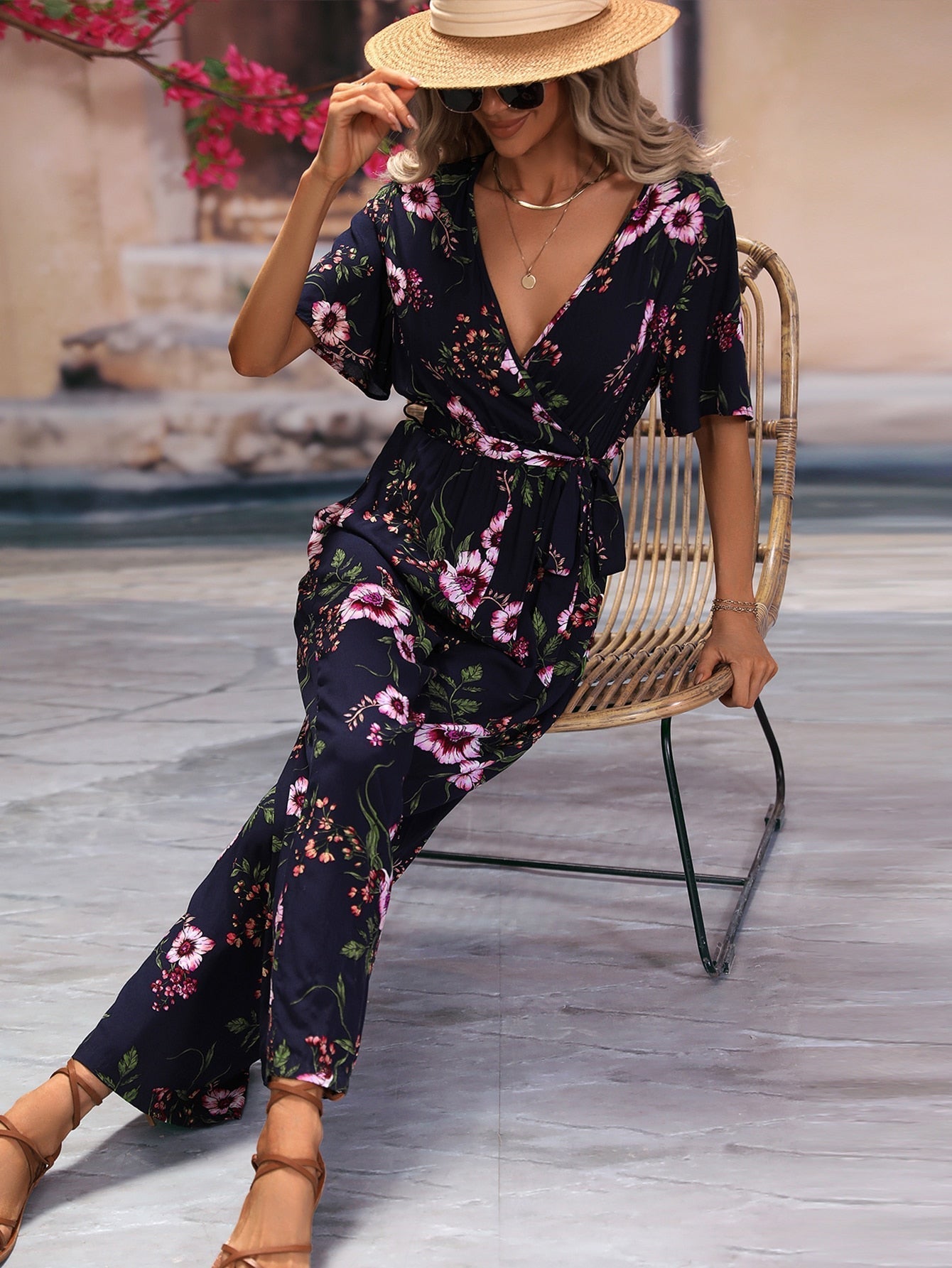SHEIN VCAY Floral Print Surplice Neck Belted Jumpsuit