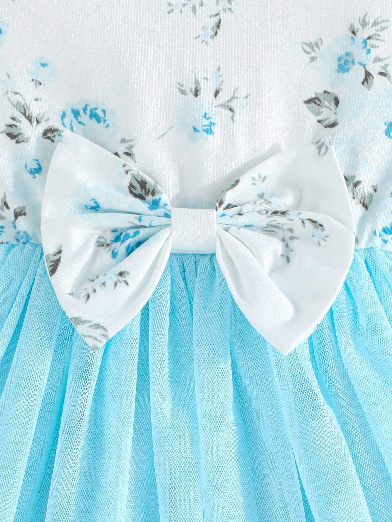 Baby Girl'S Summer Double-Layer Mesh Ruffled Sleeve and Floral Printed Dress with Bow Decor