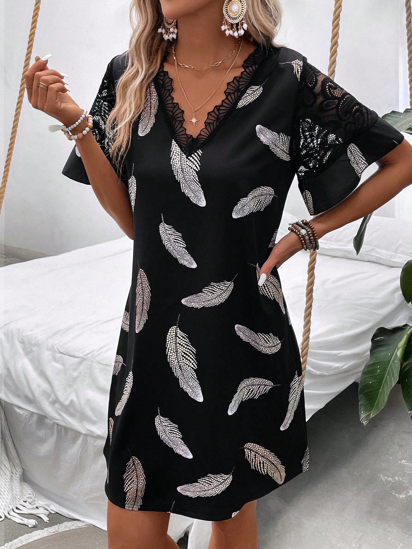 Feather Print Lace Trim Dress
