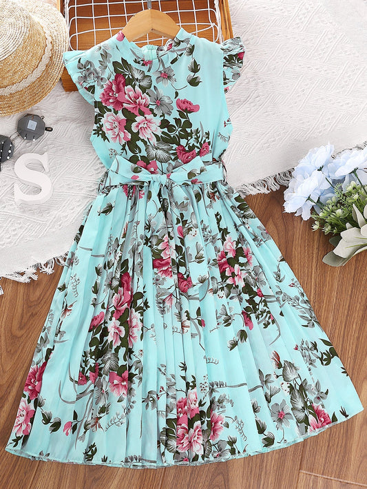 Teen Girls Floral Print Butterfly Sleeve Pleated Hem Belted Dress