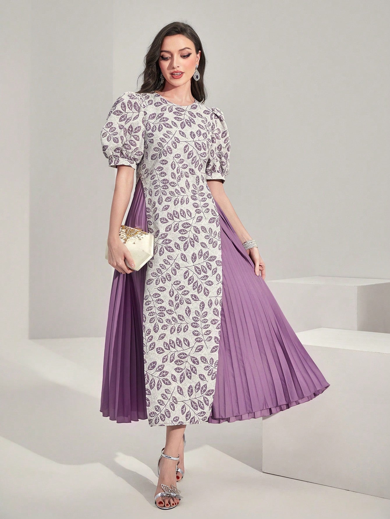 SHEIN Modely Plants Print Puff Sleeve Pleated Hem Dress