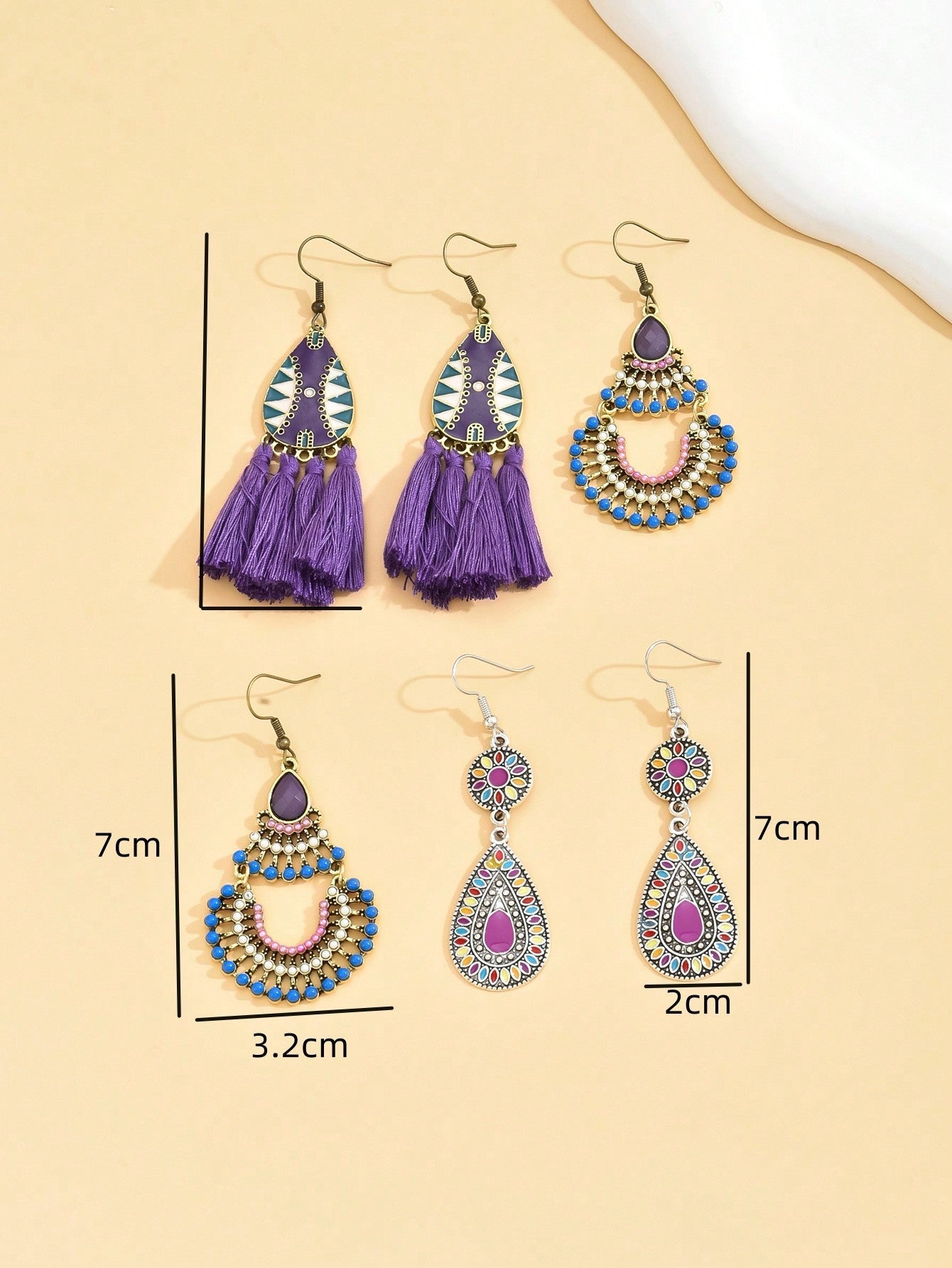 6Pcs/Set Vintage Tassel Combination Earrings for Women Bohemian Style Irregular Vacation Ear Jewelry