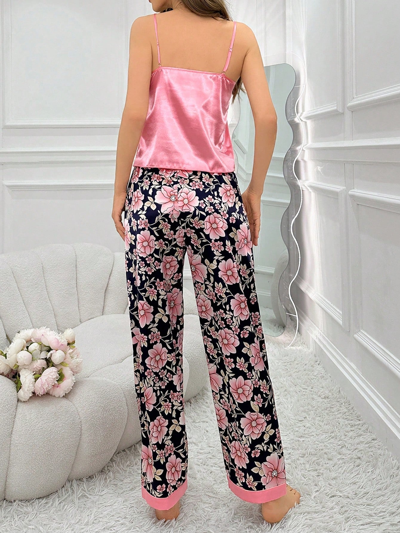 Solid Color Camisole and Flower Printed Wide Leg Pants Pj Set