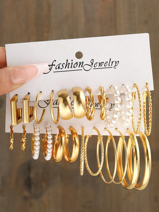 12-24Pcs/Set Fashionable Imitation Pearl Earrings with Metallic Geometric, Twisted Wide Hoop, Perfect for Vacation, Party, Date, and Daily Wear