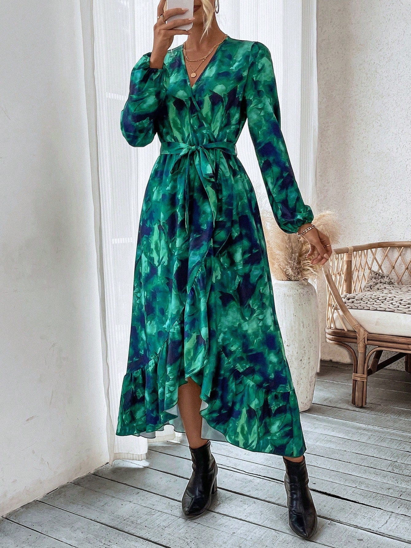 SHEIN Essnce Tie-Dye Ruffle Edge Lantern Sleeve Dress