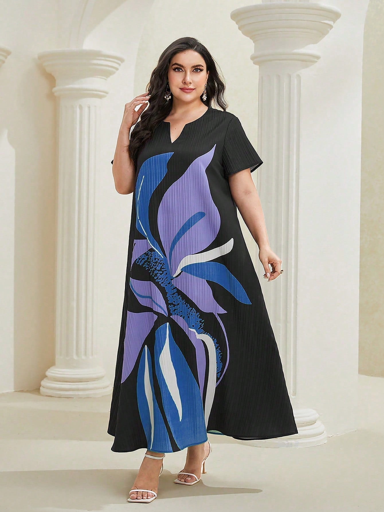 SHEIN Najma plus Floral Print Notched Neckline Dress