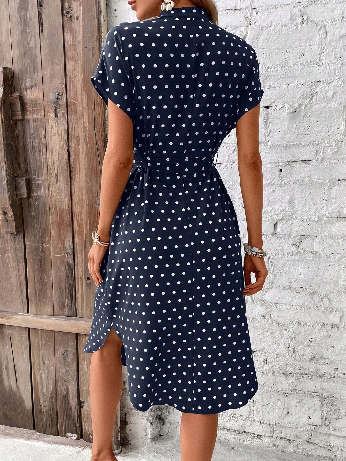 SHEIN LUNE Polka Dot Print Batwing Sleeve Belted Dress
