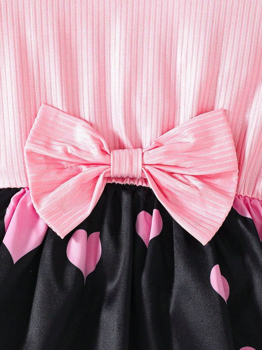 Toddler Girls' Color-Contrast Cartoon Heart Print Patchwork Puff Sleeve Dress with Bow Belt
