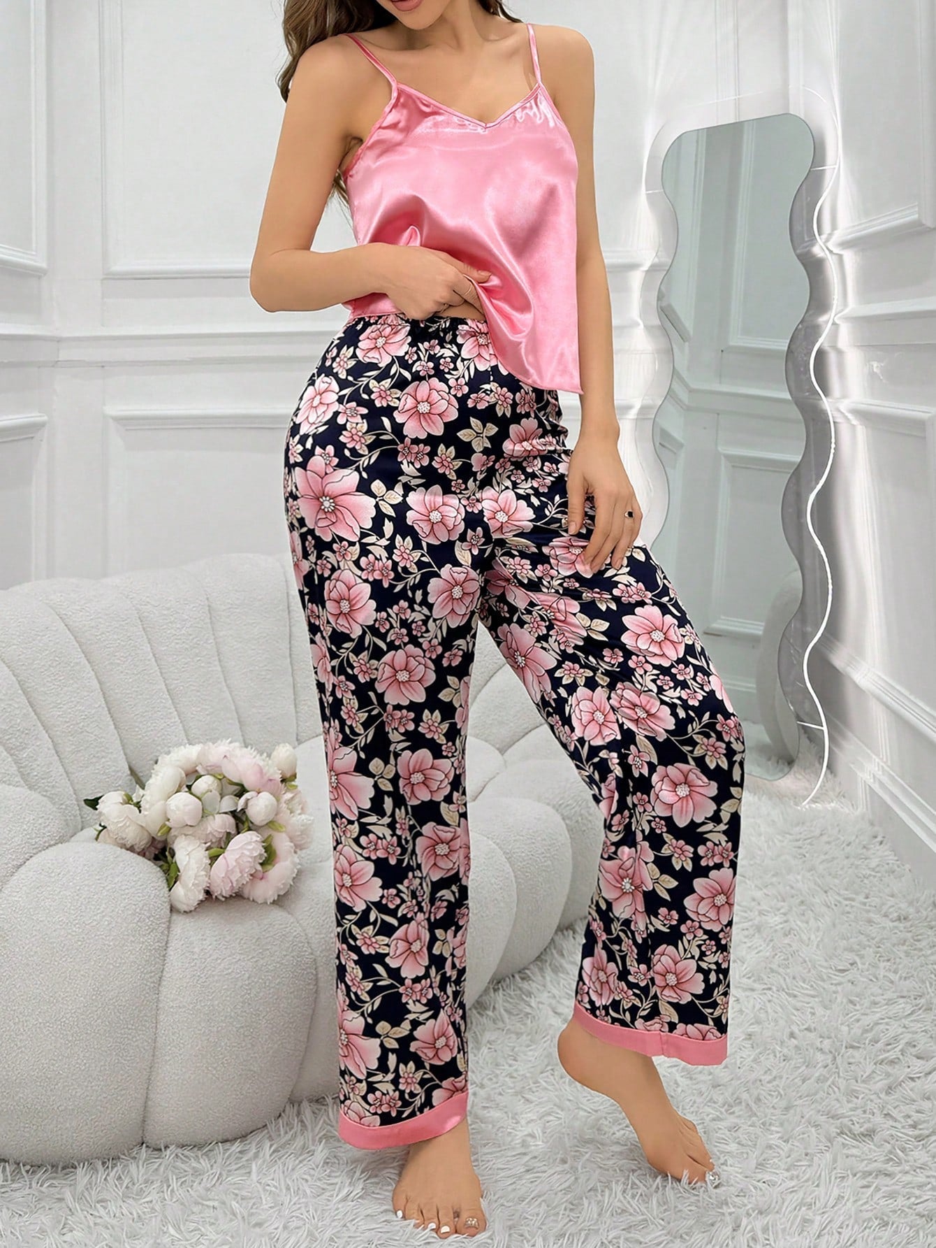 Solid Color Camisole and Flower Printed Wide Leg Pants Pj Set