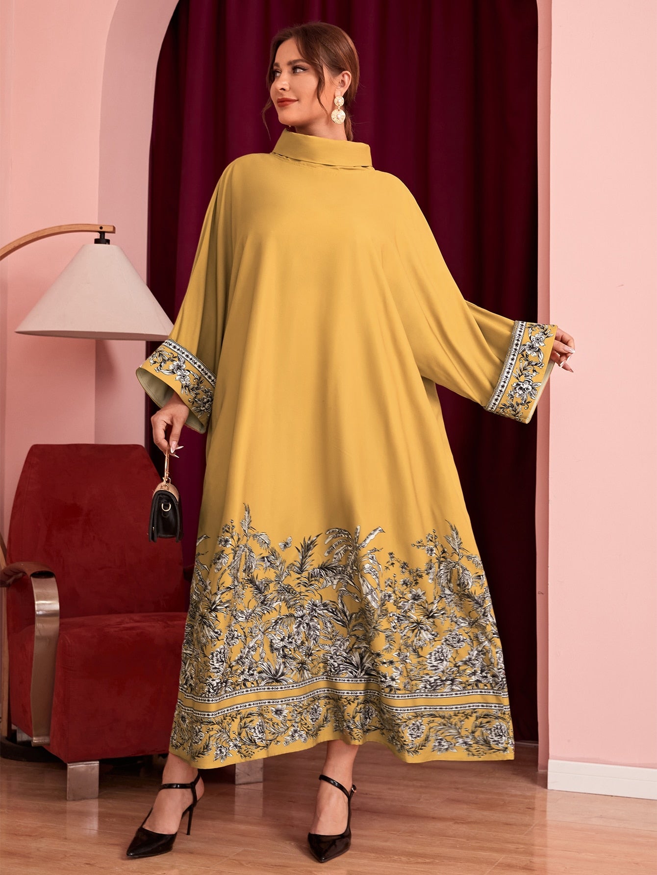 SHEIN Najma plus Turtle Neck Plants Print Dress