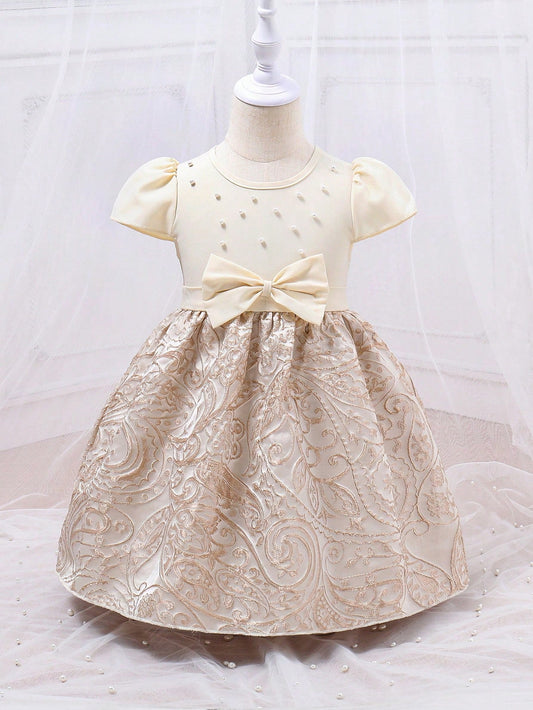 SHEIN Kids CHARMNG Toddler Girls' Party Princess Dress with Bowknot, Pearl Beads and Stud Details