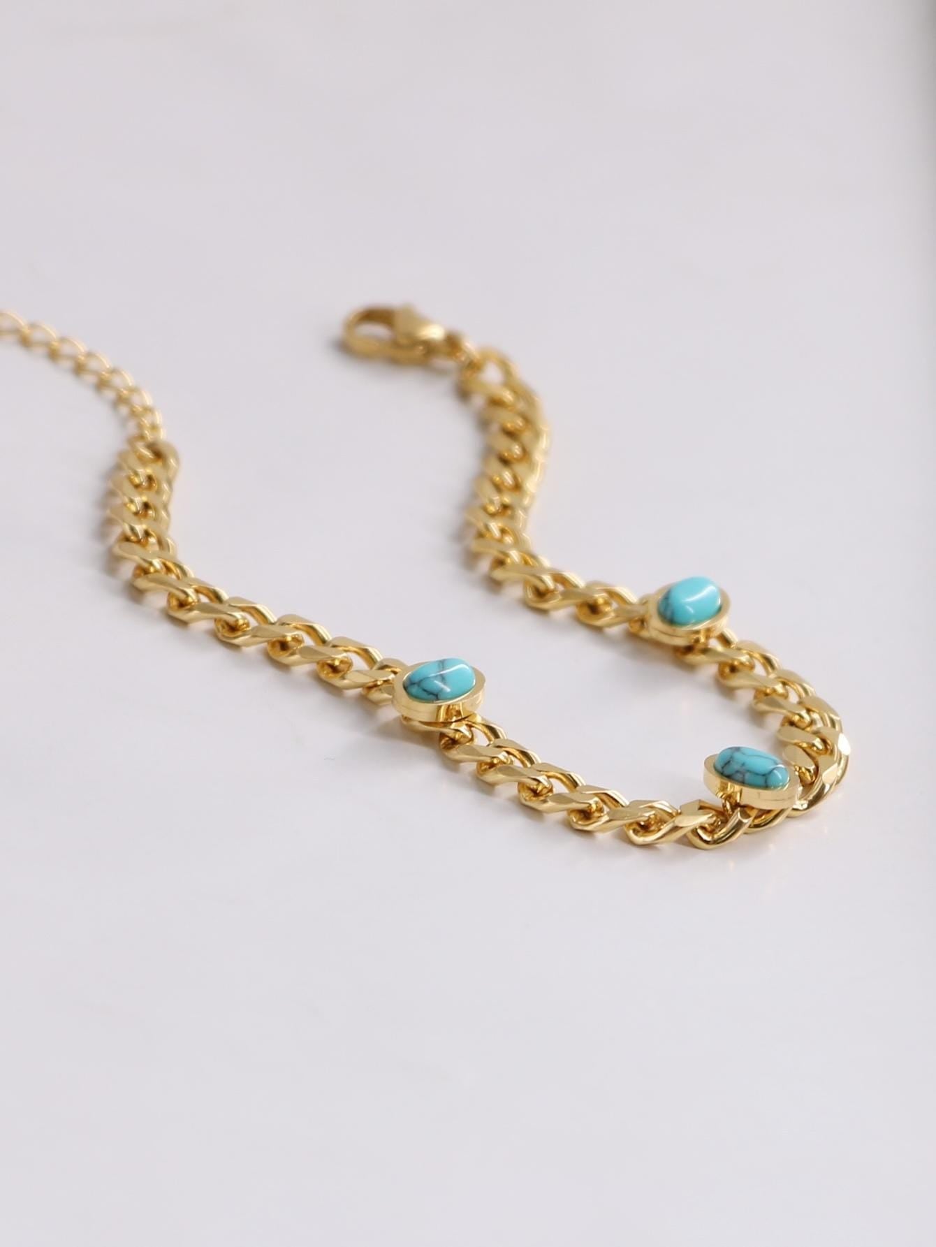 1Pc Simple European and American Style Gold-Toned Stainless Steel Oval Blue Turquoise Decorated Bracelet for Women