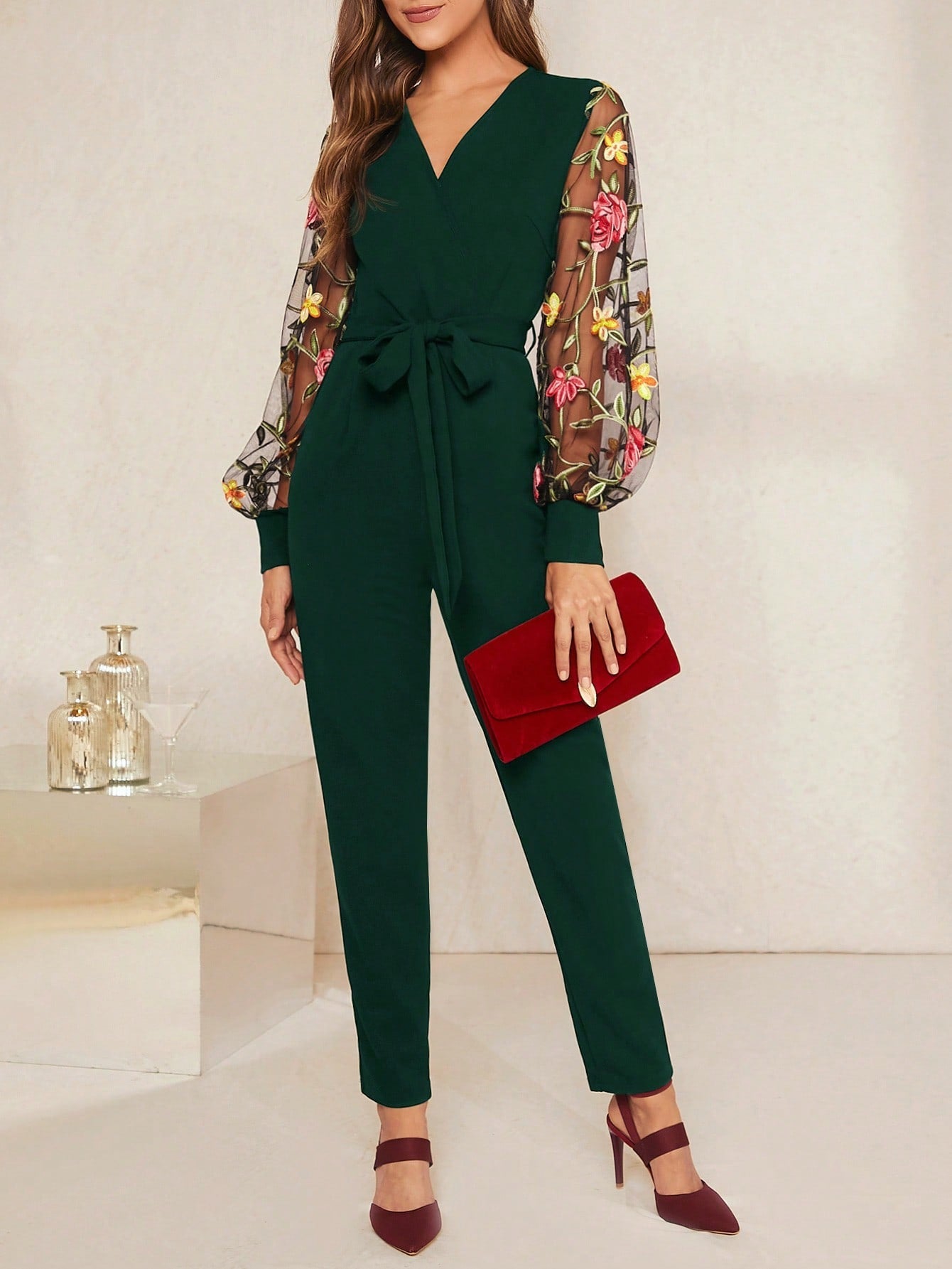 SHEIN Clasi Women'S Floral Embroidery Mesh Patchwork Jumpsuit with Belt