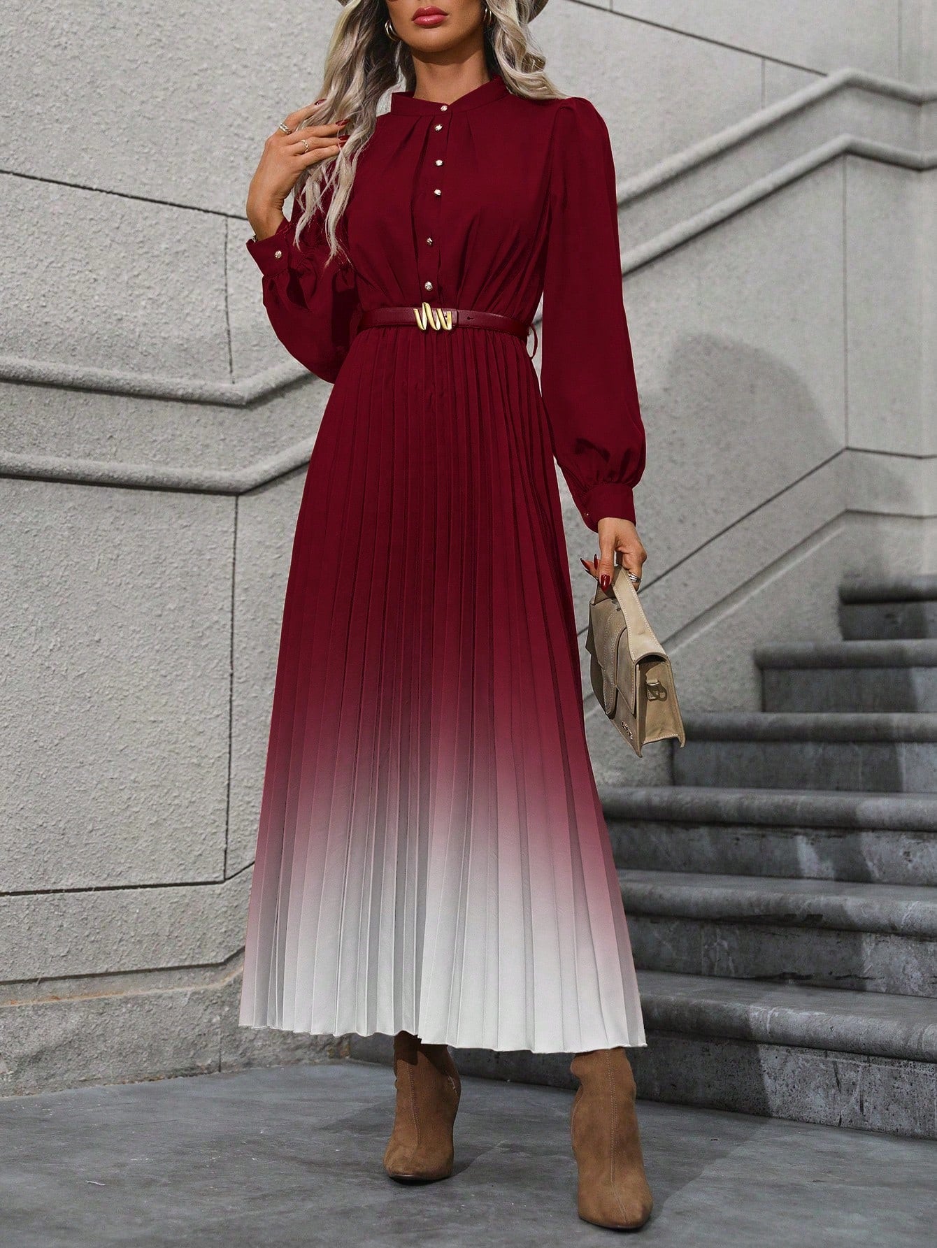 Gradient Color Pleated Lantern Sleeve Dress