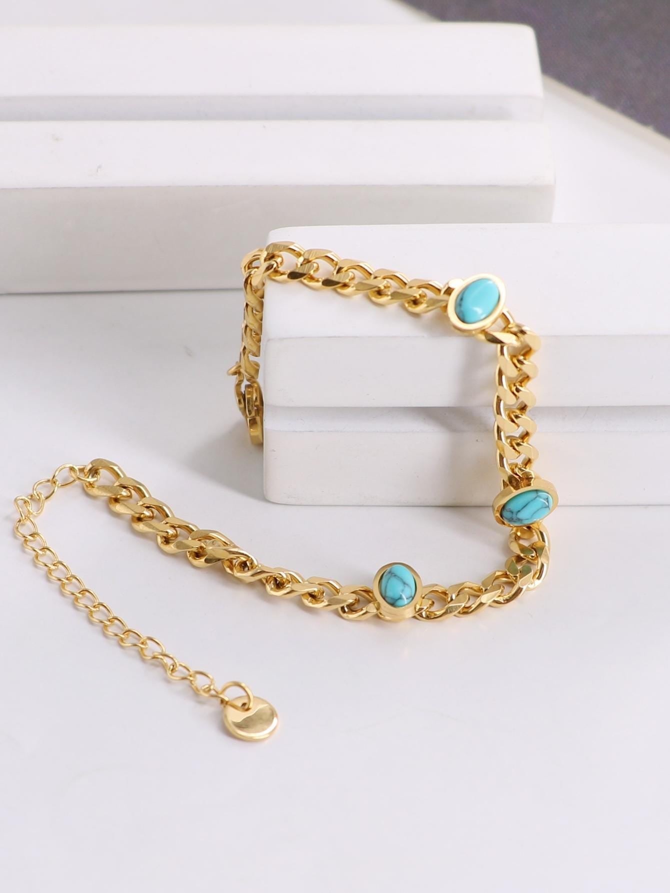 1Pc Simple European and American Style Gold-Toned Stainless Steel Oval Blue Turquoise Decorated Bracelet for Women