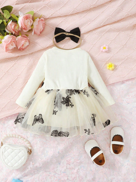 Baby Girl Butterfly Embroidery Mesh Hem Dress with Headband