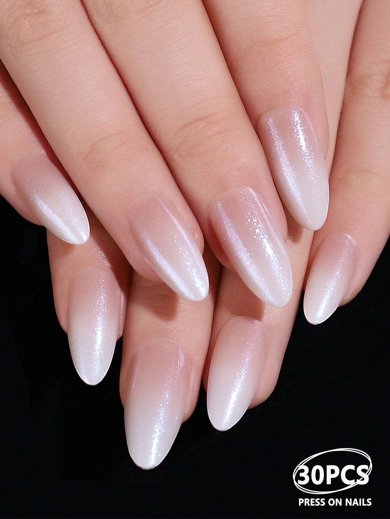 30Pcs Short Almond Shaped Soft & Simple Gradual Change Nude Glitter Nail Chips with 1Pc Buffer and 1Pc Jelly Glue