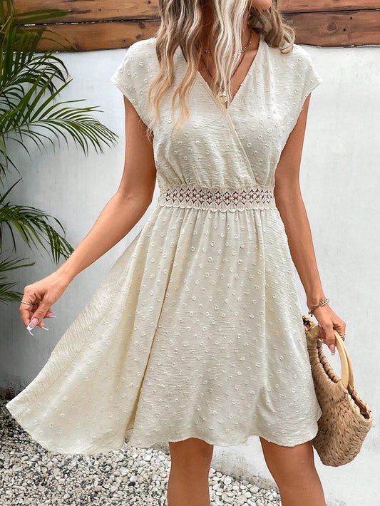 SHEIN Frenchy Swiss Dot Contrast Lace A-Line Dress