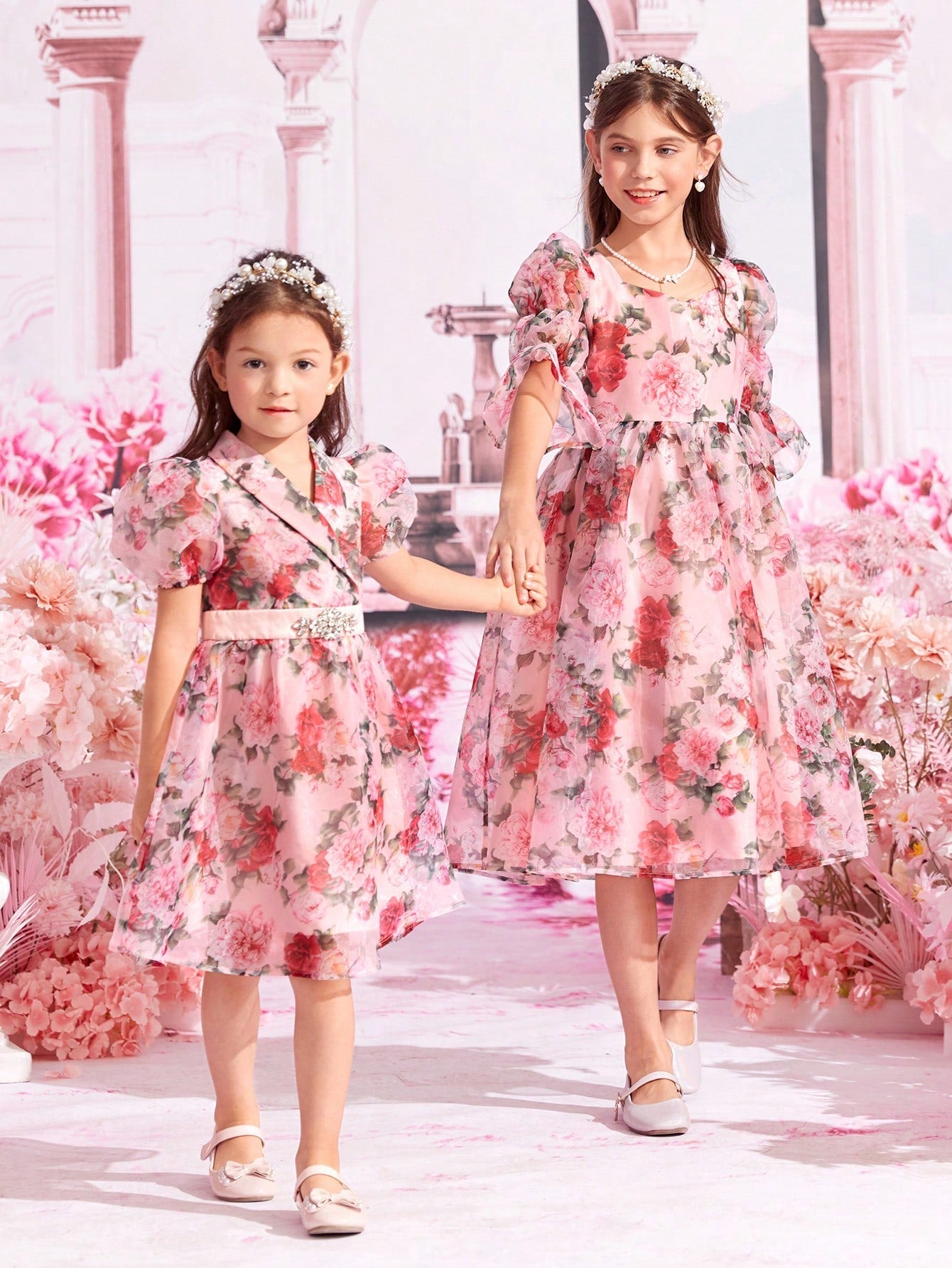 SHEIN Young Girls 1Pc Floral Print Puff Sleeve Party Dress