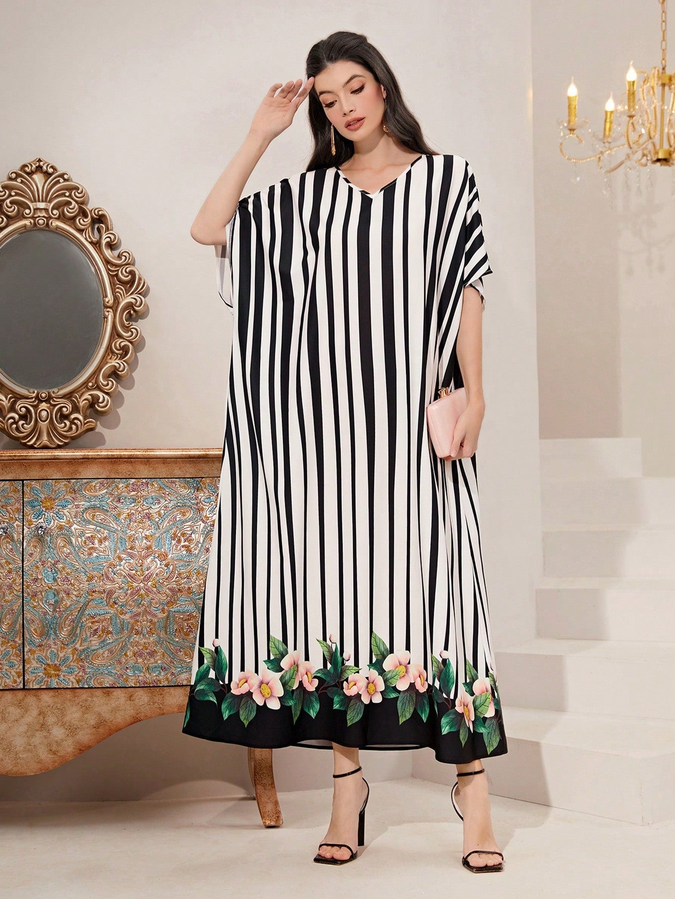 SHEIN Najma Striped & Floral Print Batwing Sleeve Dress