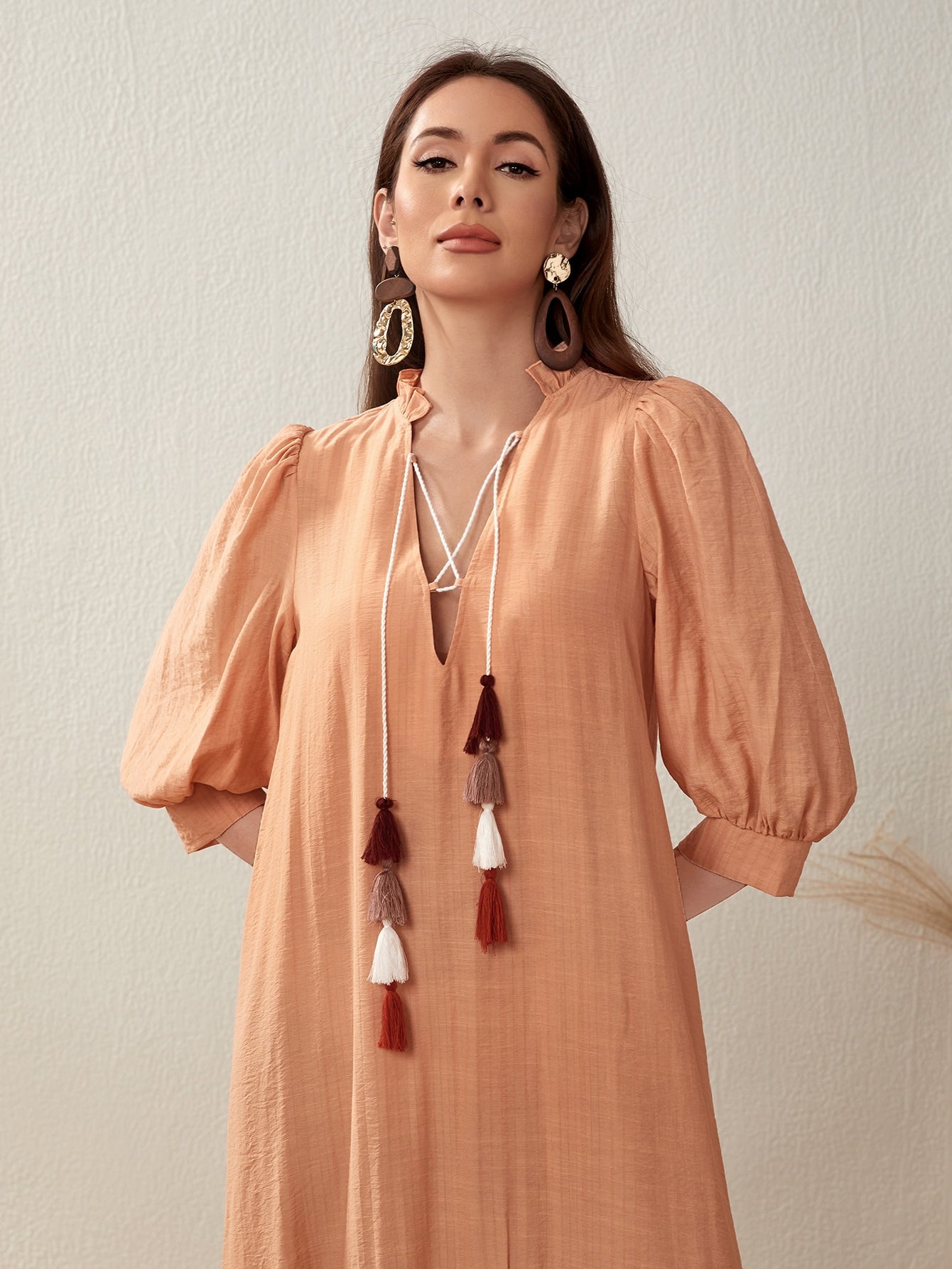 SHEIN Mulvari Fringe Detail Flounce Hem Smock Dress