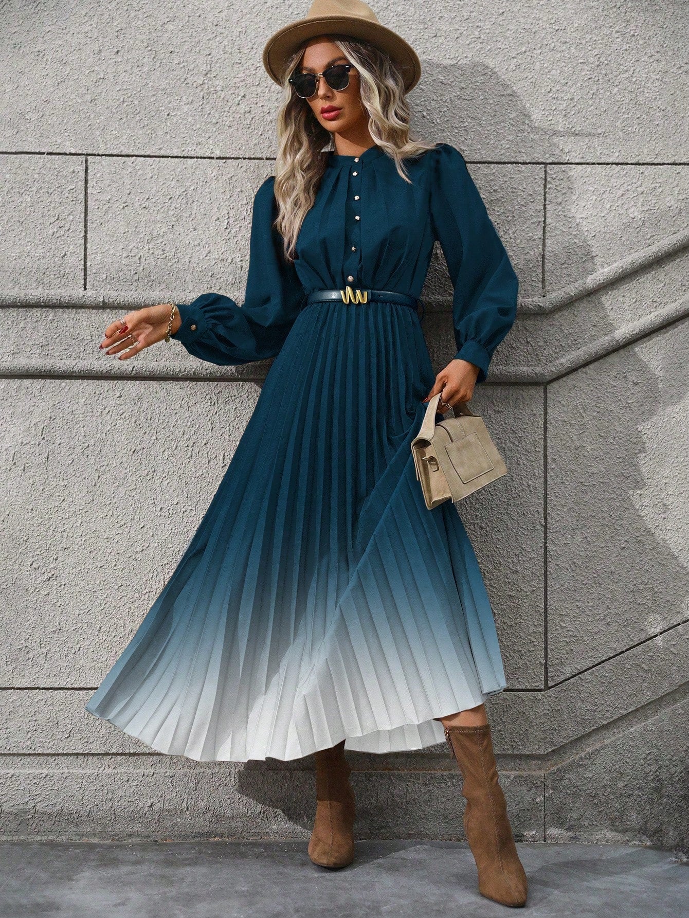 Ombre Lantern Sleeve Dress, Belt Not Included