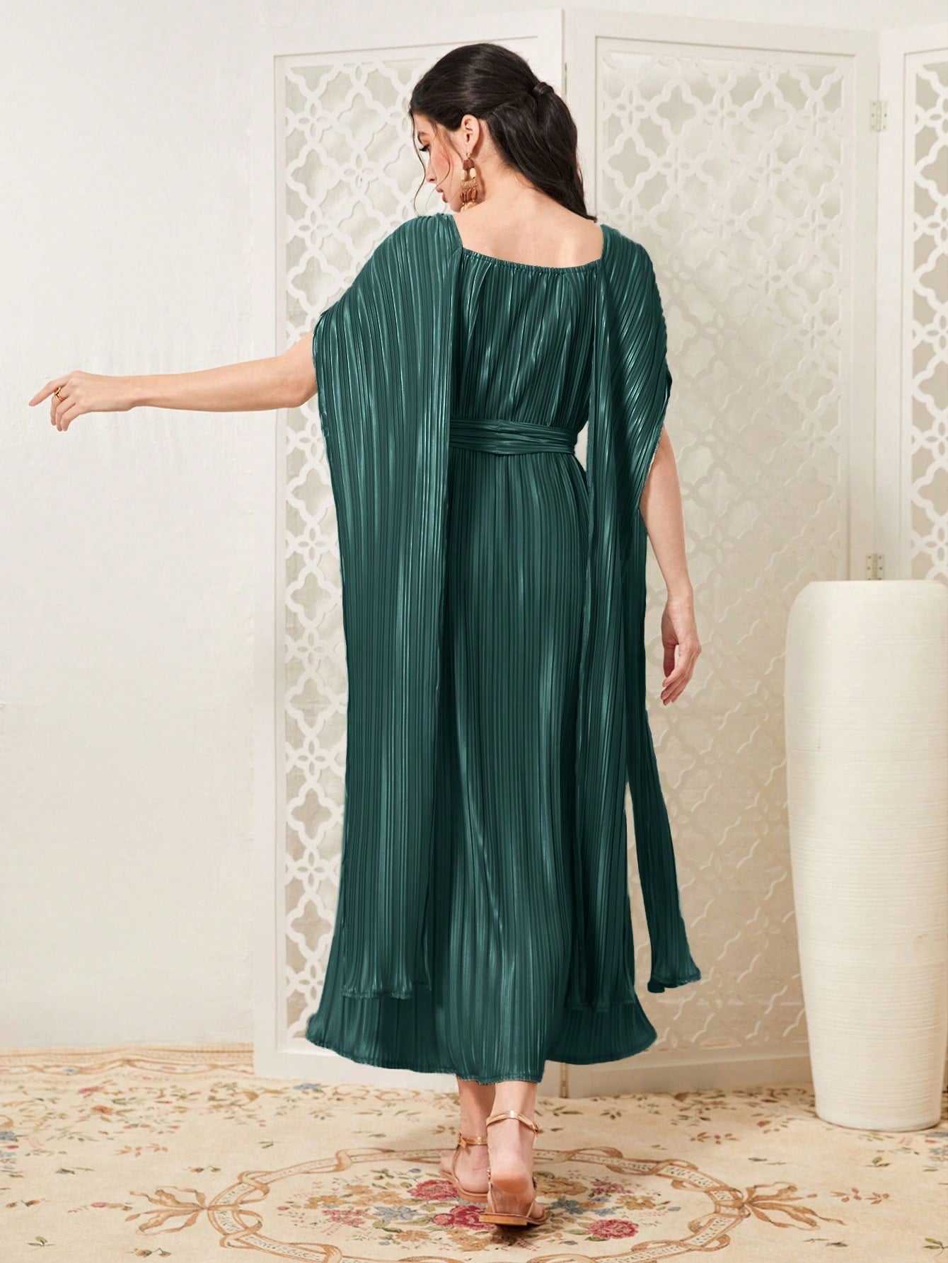SHEIN Mulvari Solid Square Neck Belted Dress