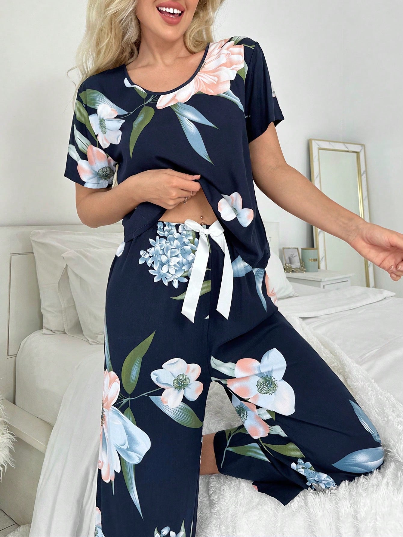 Floral Print Tie Front PJ Set