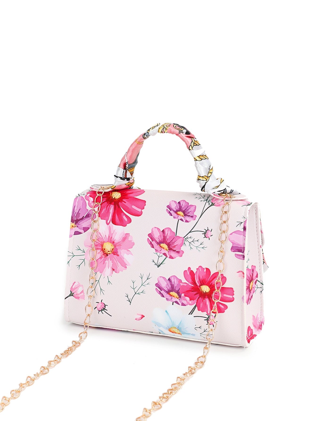 Silk Scarf Accessory Chain Embossed Pu Leather Floral Printed Handbag